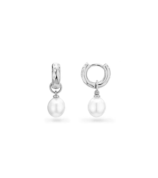 Organic Pearl Drop Huggie Earrings (Silver)