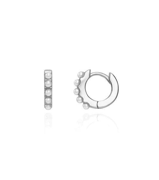 Pearl Huggie Hoop Earrings (Silver)