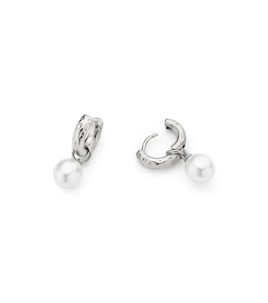 Organic Pearl Drop Huggie Earrings (Silver)